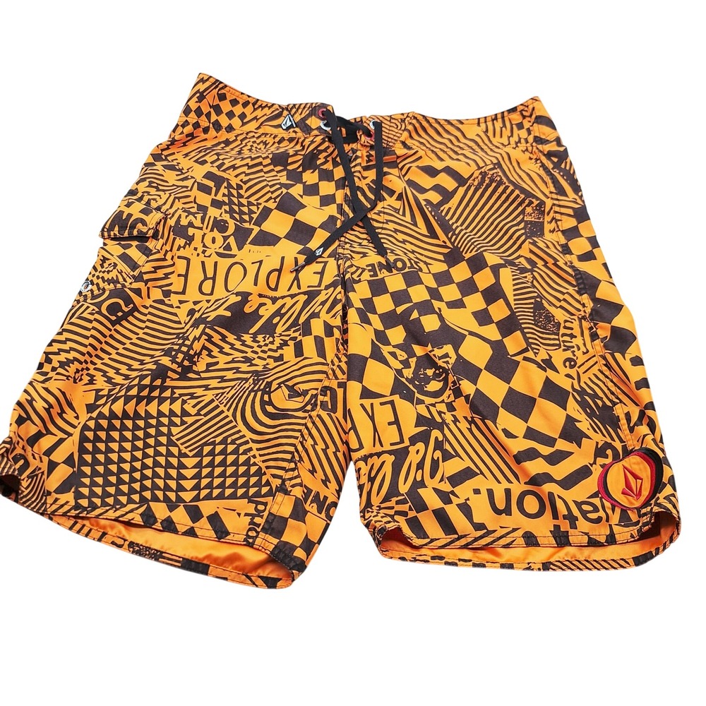 Volcom Board Shorts Mens 36 Orange Black Graphic Print Swim Trunks Cargo Pocket